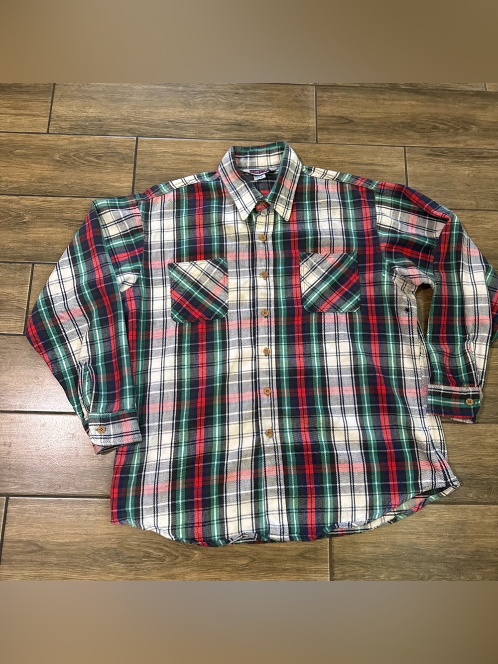 70s / 80s Big Mac JC Penny white red green black  plaid vintage flannel -XL
